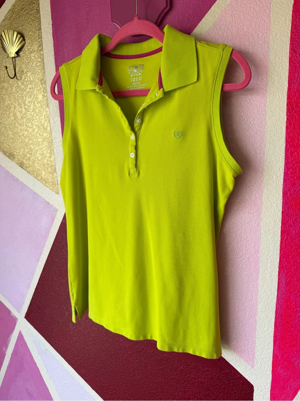 Izod Sleeveless Polo Sz M Lime Green Pink Trim Cotton Stretch Golf